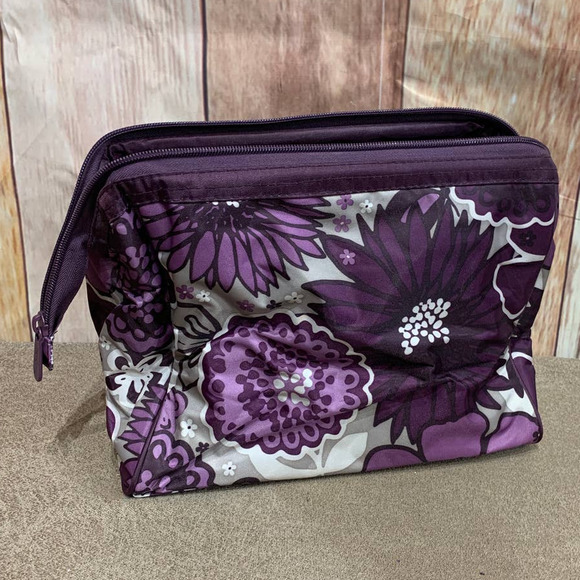 Thirty-One Gifts Purple Floral Zip Top Stay Open Organizing Cosmetic Pouch Bag - Picture 2 of 5